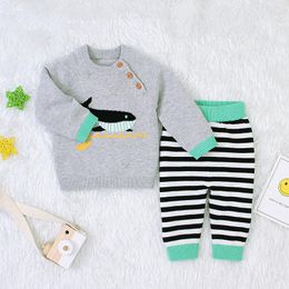 Clothing Sets Ins 2022 Autumn Winter Boys Cute Whale Suit Little Striped Cotton Long-sleeved Trousers Two-piece Set 0-3 Years OldClothing