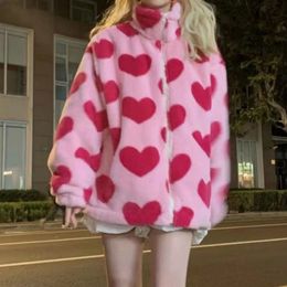 Harajuku Heart Print Plush Jacket Winter Women's Clothing 2022 Korean Oversized Long Sleeve Y2k Zip Up Pink Coat Warm New T220716