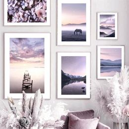 Paintings Purple Landscape Horizon Horse Calm Lake Flower Fog Nordic Poster Wall Art Print Canvas Painting Decor Picture Living Ro222P