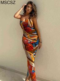 Geometric Print Boho Maxi Dress Women Spaghetti Strap Backless Beach Dress Sexy Bodycon Long Slip Dress Summer 2022 G220510