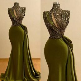 2022 Olive Green Satin Mermaid Evening Dresses High Neck Lace Applique Ruched Court Train Formal Evening Party Wear Prom Dresses BC4422 B0413