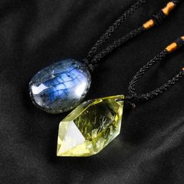 Pendant Necklaces Natural Labradorite Moonstone Necklace Yellow Herkimer Diamond Quartz Crystal Braided Rope Gem Sweater Chain JewelryPendan