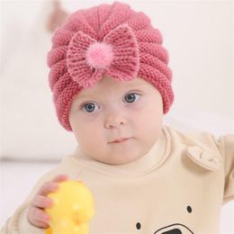 Caps & Hats Baby Autumn Winter Warm Girl Boy Toddler Infant Kids Beanies Cap Unisex Solid Bow Knitted Hat Born Pography PropsCaps