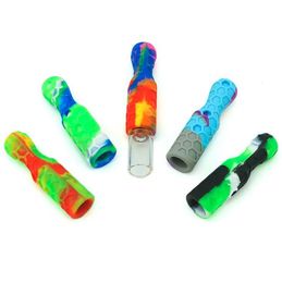 Colorful Silicone Skin Pyrex Thick Glass Pipes Dry Herb Tobacco Catcher Taster Bat One Hitter Smoking Nails Tip Straw Filter Mouthpiece Cigarette Holder DHL