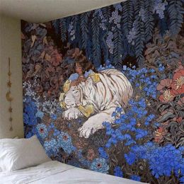 Cartoon Girl Tiger Animal Carpet Wall Hanging Anime Boho Plant Flowers Decorative Aesthetic Room Wall Decor Bedroom Dorm Carpet J220804