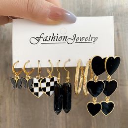 5 Pairs Women Vintage dangle black peach heart Earrings Set Creative Simple checkerboard ear studs Jewellery