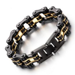 Fashion Mens Women Bike Chain Bracelets Biker Jewelry Gold Black Plated Stainless Steel Motorcycle Bicycle Link Chain Bracelet Bangle 8.66&quot; *16mm