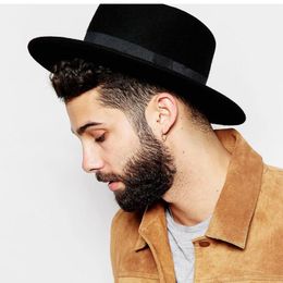 Berets Fashion Wool Boater Flat Top Hat For Men's Felt Wide Brim Fedora Gentleman Prok Pie Chapeu De Feltro Bowler Gambler HatBerets Ber