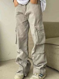 WeiYao Taschen Streetwear Cargos Niedrige Taille Lässige Gerade Jeans Frau Zip Up Mode Vintage 90er Jahre Ästhetische Denim Hose T220728