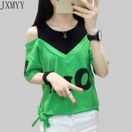 Bow T-Shirt Off The Shoulder Tops For Women T Shirt Letter Print Tee Woman Clothes Summer Cotton Tshirt Femme jxmyy tops 210412