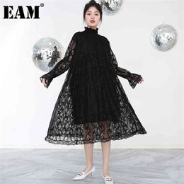 Women Black Lace Temperament Big Size Long Dress Stand Collar Long Sleeve Loose Fashion Spring Autumn 1Z0470 210512