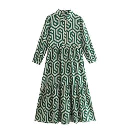 New Women Vintage Geometric Print Pieghe Casual Slim Midi Shirt Dress Femminile Chic Pieghe Ruffles A Line Vestido