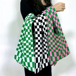 Luxury Japan Korean Autumn Winter Female Underarm Bag Lattice Chequered Wool Crochet Tote Women Knitted Handbags