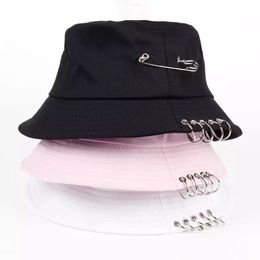 Fashion Solid Colour Iron Pin Rings Personality Bucket Hat For Unisex Women Men Cotton Harajuku Panama Fishermen Caps HCS137