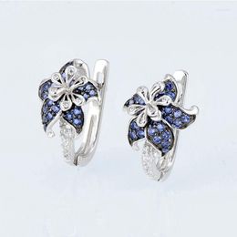 Hoop & Huggie 2022 Luxury Designer Blue Zircon Flower Hook Earring For Women Trendy Silver Plated Statement Female Jewellery Birthstone Gifts