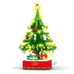 Christmas Decorations Series Building Blocks Model Creator Music Tree Rotating With Figures Lights Sounds Toys For Children Xmas L5