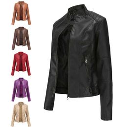 2021 Women Leather Jacket Autumn Thin Ladies Motorcycle Jacket PU Leather Jacket Stand Collar Female Black Faux Leather Outwear L220728