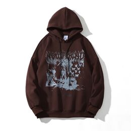 Dark Streetwear Retro Graphic Print Brown Mens Hip Hop Hoodies Pullover Vintage Clothes Women Hooded Sweatshirt Manga Larga 210924