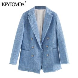 KPYTOMOA Women 2020 Fashion Office Wear Double Breasted Tweed Blazer Coat Vintage Long Sleeve Frayed Female Outerwear Chic Tops LJ200907