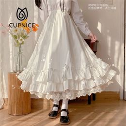 CUPNICE Japanese Solid Color Double Layer Vintage French Ruffled A-line Skirt Hepburn Style Black Half Female Long 220401