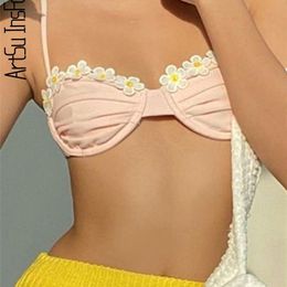Floral Cute Tops Bralette Tank Top Summer Sweet Off Shoulder Backless Top Vest Beach Pink Strapless Crop Top Corset Sexy Cami 220331