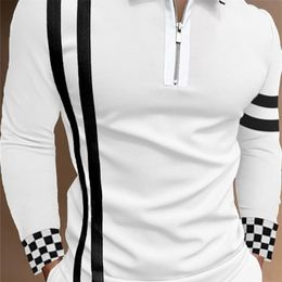 Autumn Men Polo Shirts Casual Fashion Long Sleeve Polos Turn-Down Collar Zippers Striped TEES Patchwork Mens Shirts 220514