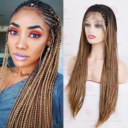 Ombre Blue Grey Blonde Synthetic Glueless Lace Front Wig Braided Box Braids Wigs For Black Women Natural High Temperature Fibre