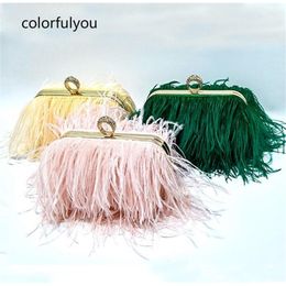 Luxury Ostrich Feather Party Evening Clutch Bag Women Wedding Purses and Handbags Small Shoulder Chain Designer 220527