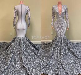 Silver African Girls Long Prom Dresses 2022 Mermaid V Neck Full Sleeve 3D Flowers Train Women Formal Party Evening Gown EE