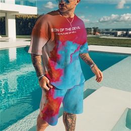 Summer Men's Striped Graffiti Colored Casual Sportswear Suit Short Sleeve T-Shirt Shorts 2 Piece Set 3d printed tshir 220610