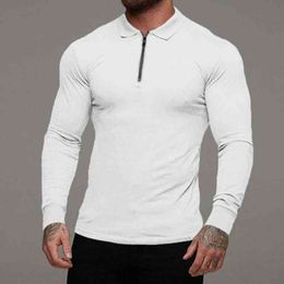 Pure Colour T-shirts Men Base Shirts Zipper Lapel Shirt Men Long Sleeve Top Slim Tees Top Pullover Male T-shirts L220704