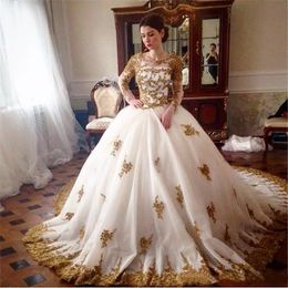 -2022 Gold Spitzenapplikation lang Ärmel Perlenkleid Kleid Brautkleider Organza Crew Langes Zug Hochzeitskleider