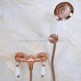 Bathroom Shower Sets Antique Red Copper Faucet Bath Mixer Tap With Hand Held Head Set Wall Mounted Kna298Bathroom