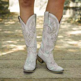 Botas romanas de cowboy para mulher bordada branca bordo do ocidental cowgirl botas couro strass mid-calff high booties casual ladies sapatos y220729