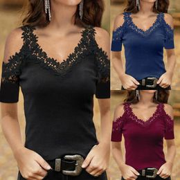 Sexy Solid Color Short Sleeve Tees Ladies Pullover Lace Sling V-Neck Mesh Shirt Tshirt Elegant Y2K Clothing For Women Streewear Women's T-Sh