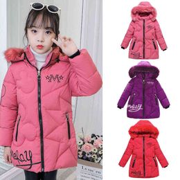 3-12 Year Winter Girls Down Jacket Fur Collar Keep Warm Little Princess Jacket Hood Zipper Fashion Girls Outerwear kids Clothing J220718