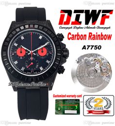 DIWF ETA A7750 Automatic Chronograph Unisex Mens Womens Watch Carbon Fiber Case Square Diamond Bezel Black Dial Oysterflex Rubber Strap Super Edition Puretime A1