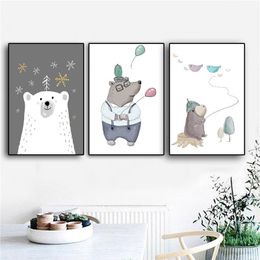 3Piece Cartoon Animal Bear Minimalist Canvas Painting Nursery Poster Print Scandinavian Modern Wall Picture For Kid Room Decor