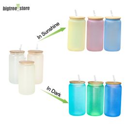 Two function 16oz Glow and UV Colour change Sublimation Glass Beer Can 2 in 1 Glow in Dark Glasses Beers Mugs Tumbler Drinking Cup With Bamboo Lid