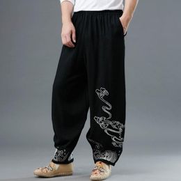 Ethnic Clothing Traditional Chinese Embroidery Wide Leg Harem Pants Men Japanese Style Harajuku Streetwear Loose Cotton Bottom Trousers 3101