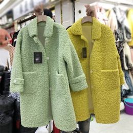 Cappotto invernale caldo in lana di agnello Giacche lunghe da donna Colletto con risvolto solido Tasche monopetto Nuovo elegante allentato coreano 201113