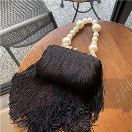 Evening Bags Tassel Small Square Bag Female Pearl Chain Handbag Dinner High Quality Long Clutch Black BagEvening