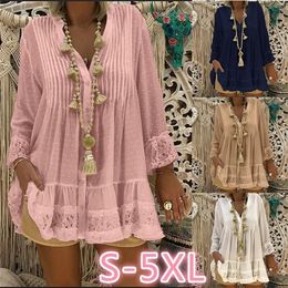 High quality large size women lace blouse spring chiffon pleated tops loose nine-point sleeves ladies shirt 210308