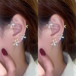 Clip-on & Screw Back Sweet Inlay Zircon Pearl Flower Earrings Earcuff For Women No Piercing Butterfly Ear Hook Shiny Bones Clip JewelryClip-