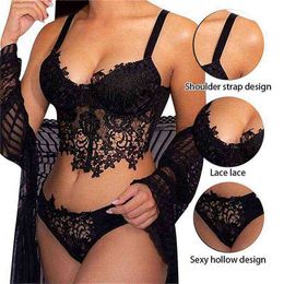 Women Lace Bra Sets Seamless Underwear Floral Vest Sexy Panties Female Bralette Lingerie 2 Piece See-Although Bras And Pantyhose Sets L220727