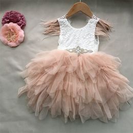 Princess baby feather dress 1st birthday party toddler girls lace flying sleeve summer kids tutu clothing with sashes 220426