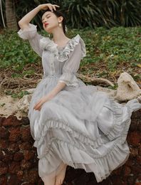 Casual Dresses Cottage Style Grey Lace Fairy Dress Summer Vintage Royal Flare Sleeve Square Collar Gorgeous Princess Tulle Vestido