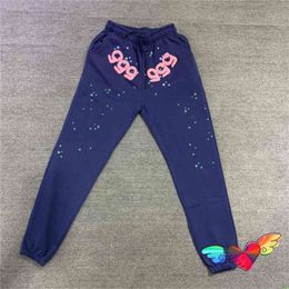 2022 Navy Blue Foam Stampa Sp5der 555555 Pantaloni della tuta Uomo Donna Spider Web Graphic Young Thug Sp5der 555555 Pantaloni Pantaloni