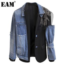 EAM Loose Fit Blue Nailed Denim Mesh Big Size Jacket Lapel Long Sleeve Women Coat Fashion Spring Autumn 1DD0088 201029
