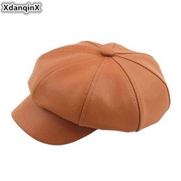 XdanqinX Autumn Winter Women Hat PU Imitation Leather Beret Hats Solid Elegant Fashion Female Bone Snapback Caps For Women J220722